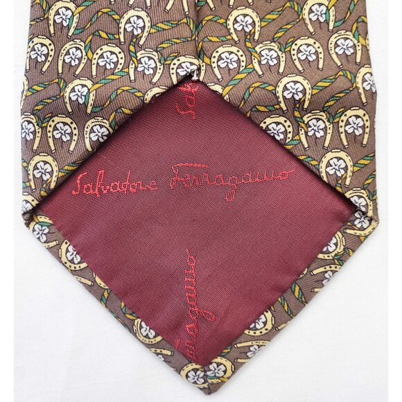 Salvatore Ferragamo Mens Silk Neck Tie Good Luck Horseshoes Clover Ribbons - Picture 8 of 8